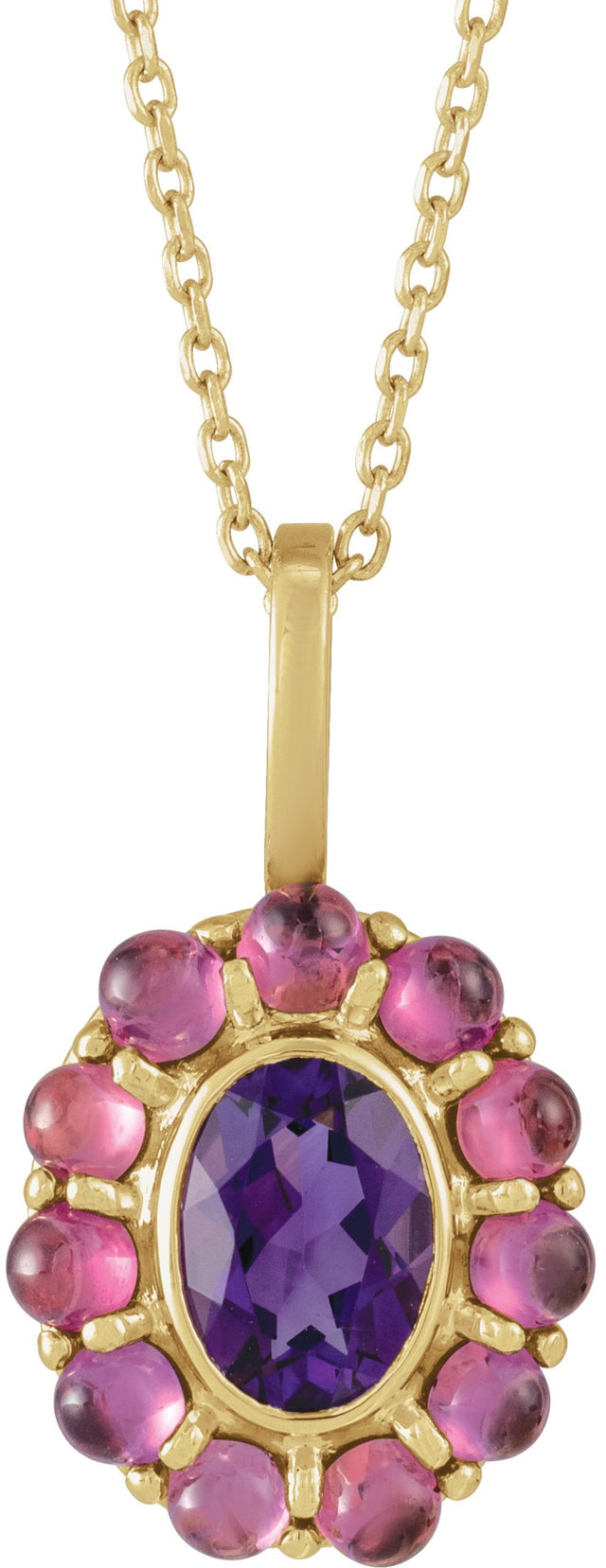 14K Gold Oval Natural Amethyst & Natural Rhodolite Garnet Cabochon Halo-Style Necklace or Pendant - Yellow Gold