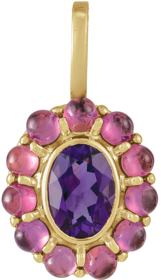 14K Gold Oval Natural Amethyst & Natural Rhodolite Garnet Cabochon Halo-Style Necklace or Pendant - Yellow Gold