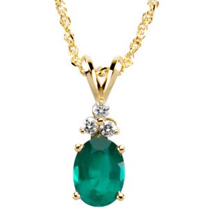 14K Gold Oval Natural Emerald & Natural Diamond Accented Necklace