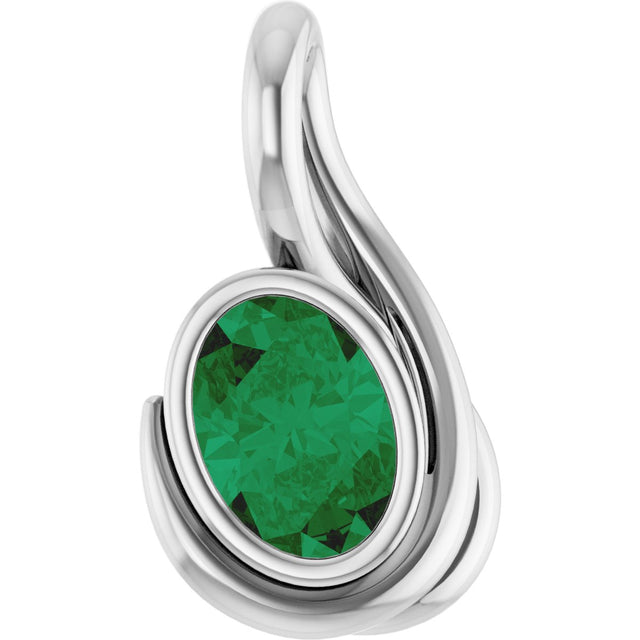Platinum Oval Lab-Grown Emerald Bezel-Set Solitaire Freeform Pendant