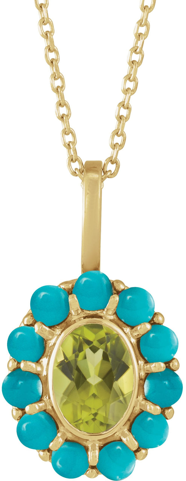 14K Gold Oval Natural Peridot & Natural Turquoise Cabochon Halo-Style Necklace or Pendant - Yellow Gold