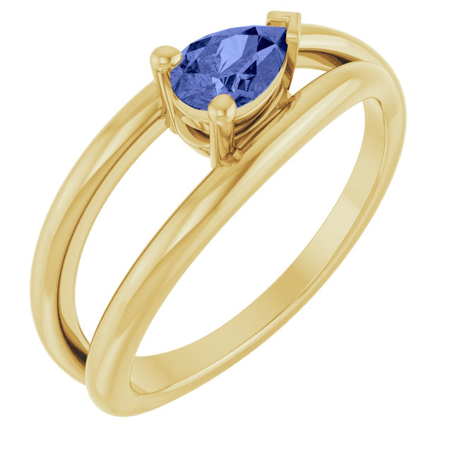 14K Gold Pear Natural Tanzanite Negative Space Solitaire Ring - Yellow Gold
