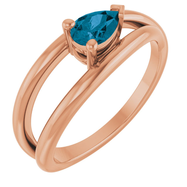 14K Gold Pear Natural London Blue Topaz Negative Space Solitaire Ring - Rose Gold