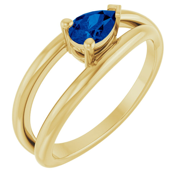 14K Gold Pear Lab-Grown Blue Sapphire Negative Space Solitaire Ring - Yellow Gold