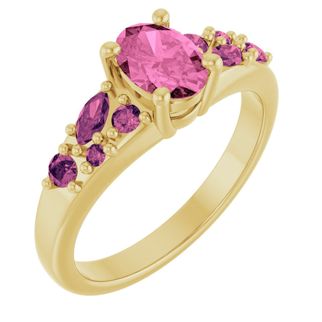 14K Gold Oval Lab-Grown Pink Sapphire & Natural Pink Tourmaline Accented Ring - Yellow Gold