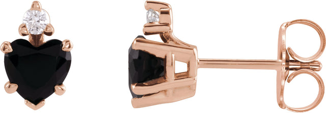 14K Gold Natural Black Onyx & Natural Diamond Accented Heart Earrings - Rose Gold