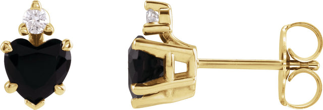 14K Gold Natural Black Onyx & Natural Diamond Accented Heart Earrings - Yellow Gold