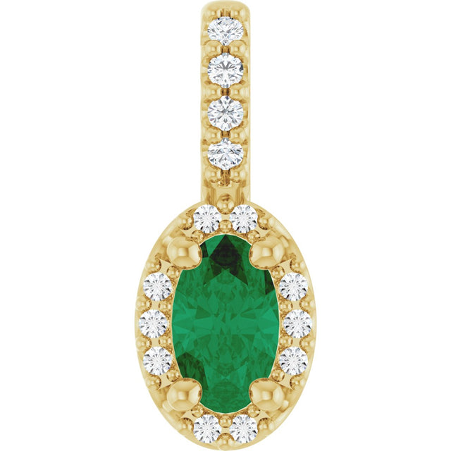 14K Gold Oval Lab-Grown Emerald & Natural Diamond Halo-Style Pendant - Yellow Gold