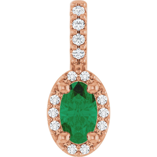 14K Gold Oval Lab-Grown Emerald & Natural Diamond Halo-Style Pendant - Rose Gold