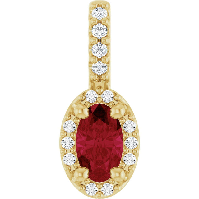 14K Gold Oval Lab-Grown Ruby & Natural Diamond Halo-Style Pendant - Yellow Gold