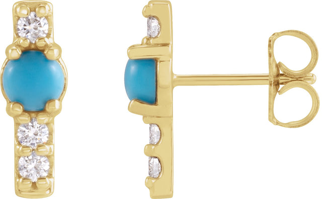 14K Gold Round Natural Turquoise & Natural Diamond Accented Bar Earrings - Yellow Gold