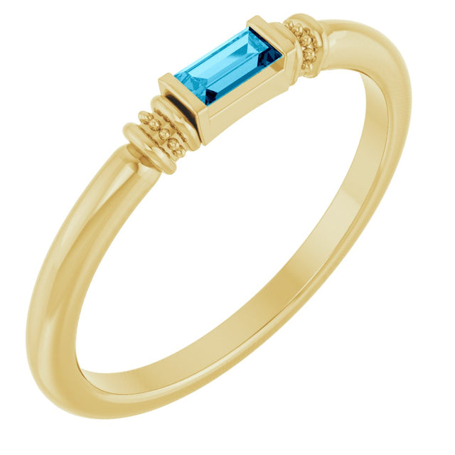 14K Gold Straight Baguette Lab-Grown Aqua Sapphire Accented Stackable Ring - Yellow Gold