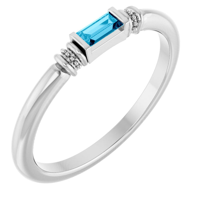 Platinum Straight Baguette Lab-Grown Aqua Sapphire Accented Stackable Ring