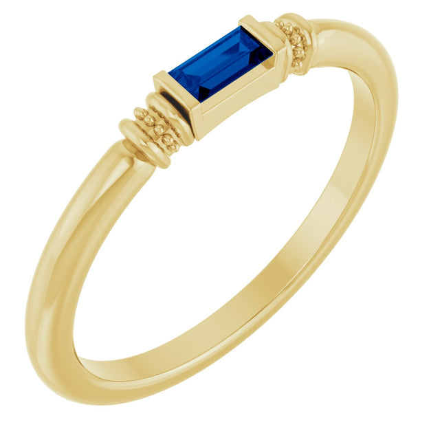 14K Gold Straight Baguette Lab-Grown Blue Sapphire Accented Stackable Ring - Yellow Gold