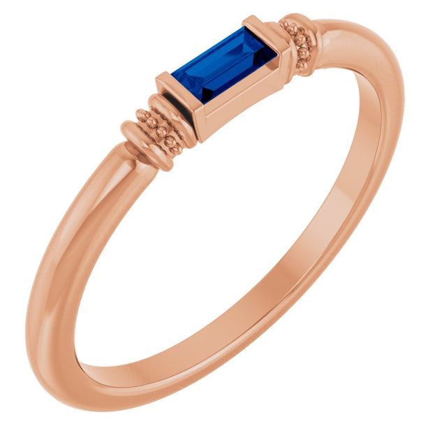 14K Gold Straight Baguette Lab-Grown Blue Sapphire Accented Stackable Ring - Rose Gold