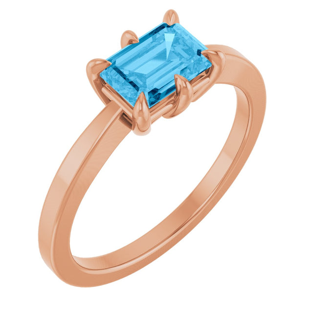 14K Gold Emerald Natural Swiss Blue Topaz Solitaire Ring - Rose Gold