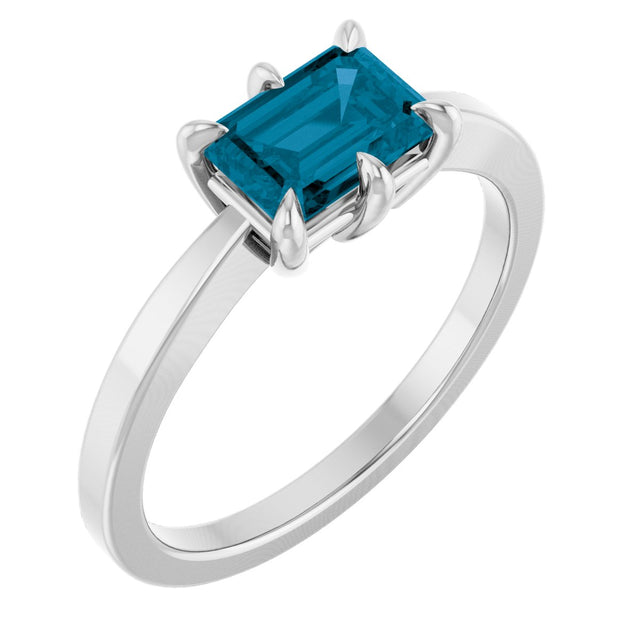 14K Gold Emerald Natural London Blue Topaz Solitaire Ring - White Gold
