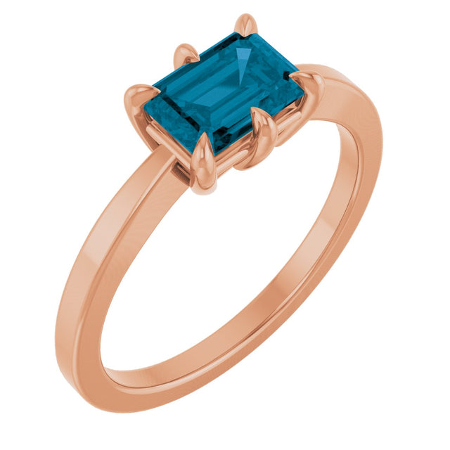 14K Gold Emerald Natural London Blue Topaz Solitaire Ring - Rose Gold