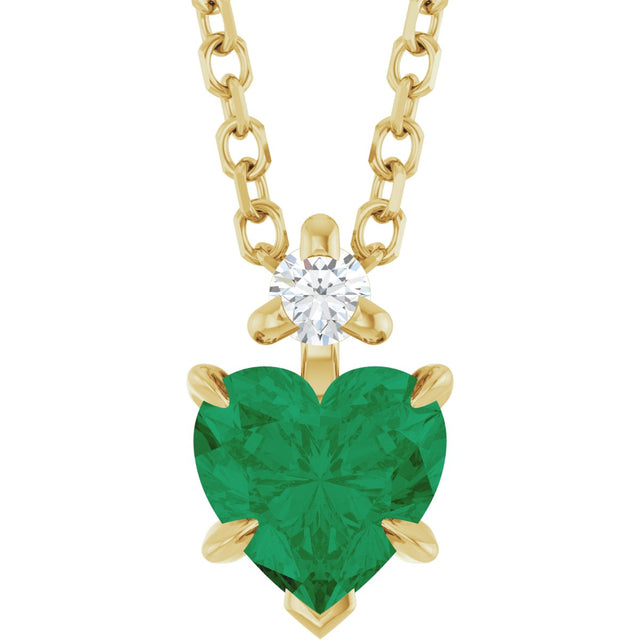 14K Gold Lab-Grown Emerald & Natural Diamond Accented Heart Necklace or Pendant - Yellow Gold
