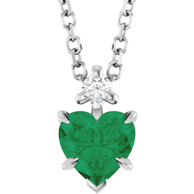 14K Gold Lab-Grown Emerald & Natural Diamond Accented Heart Necklace or Pendant - White Gold