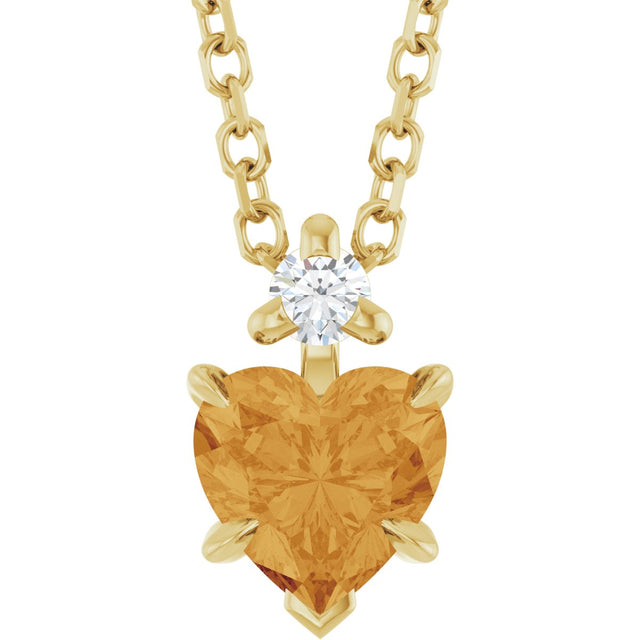 14K Gold Natural Citrine & Natural Diamond Accented Heart Necklace or Pendant - Yellow Gold