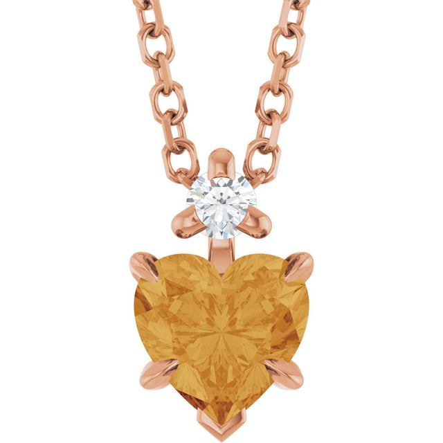 14K Gold Natural Citrine & Natural Diamond Accented Heart Necklace or Pendant - Rose Gold