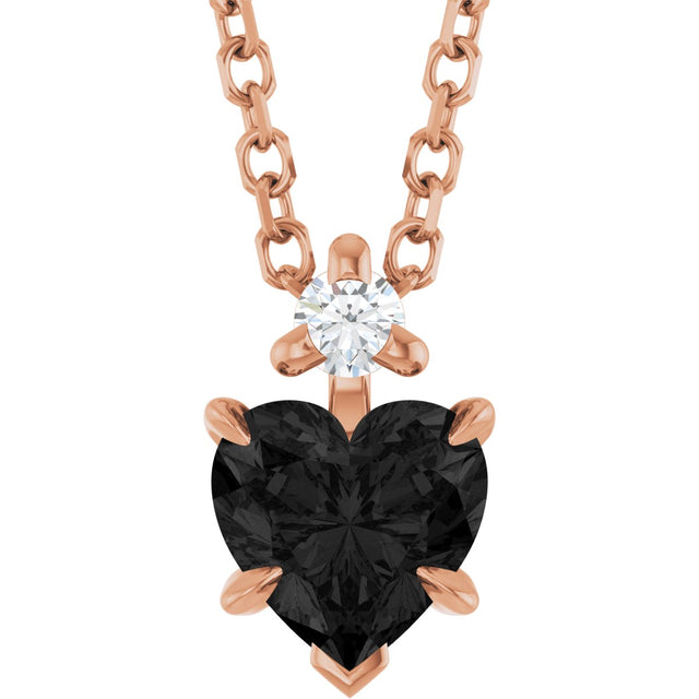 14K Gold Natural Black Onyx & Natural Diamond Accented Heart Necklace or Pendant - Rose Gold