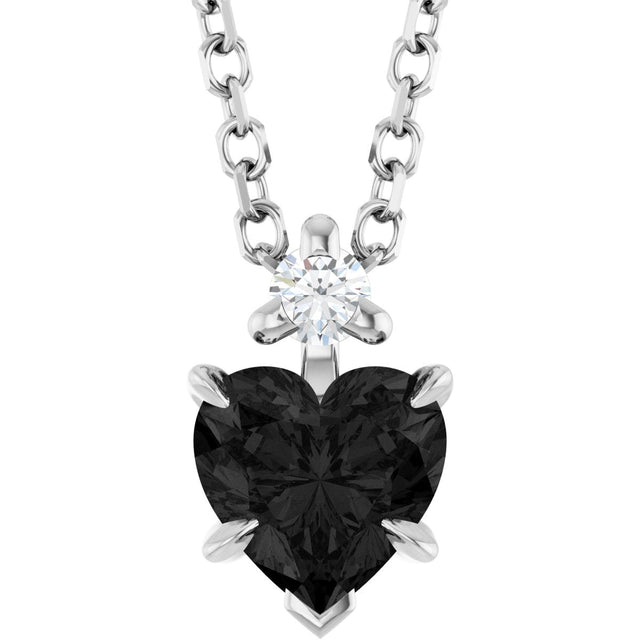 14K Gold Natural Black Onyx & Natural Diamond Accented Heart Necklace or Pendant - White Gold