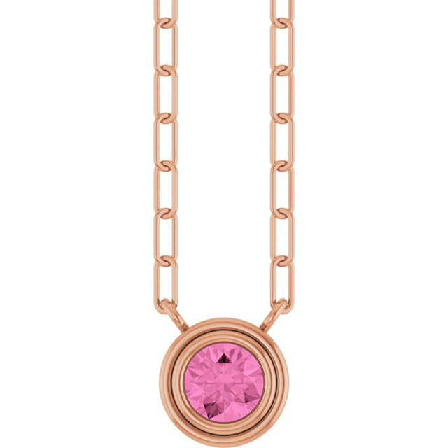 14K Gold Natural Pink Sapphire Round Bezel-Set Necklace - Rose Gold