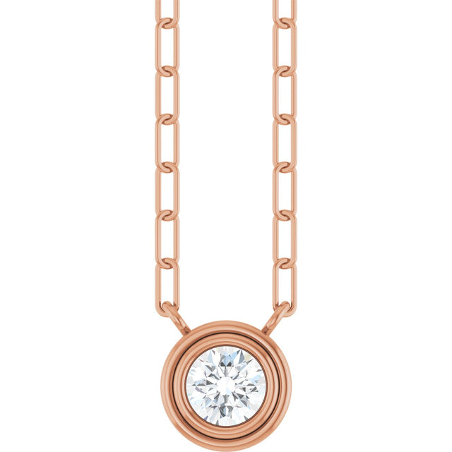 14K Gold Natural White Sapphire Round Bezel-Set Necklace - Rose Gold