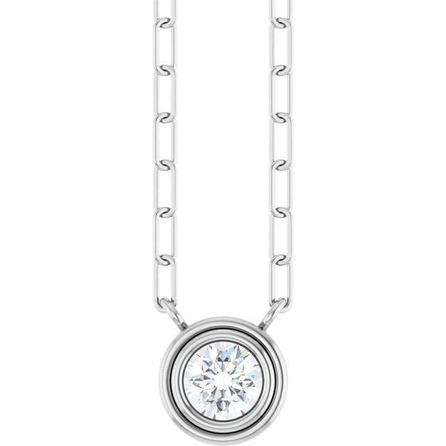 14K Gold Natural White Sapphire Round Bezel-Set Necklace - White Gold