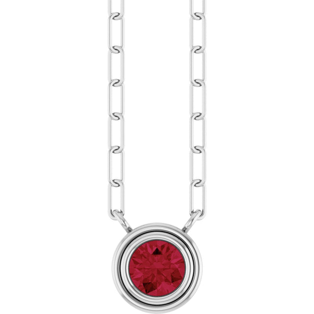 14K Gold Lab-Grown Ruby Round Bezel-Set Necklace - White Gold