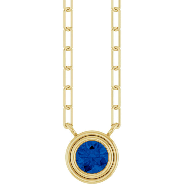 14K Gold Lab-Grown Blue Sapphire Round Bezel-Set Necklace - Yellow Gold