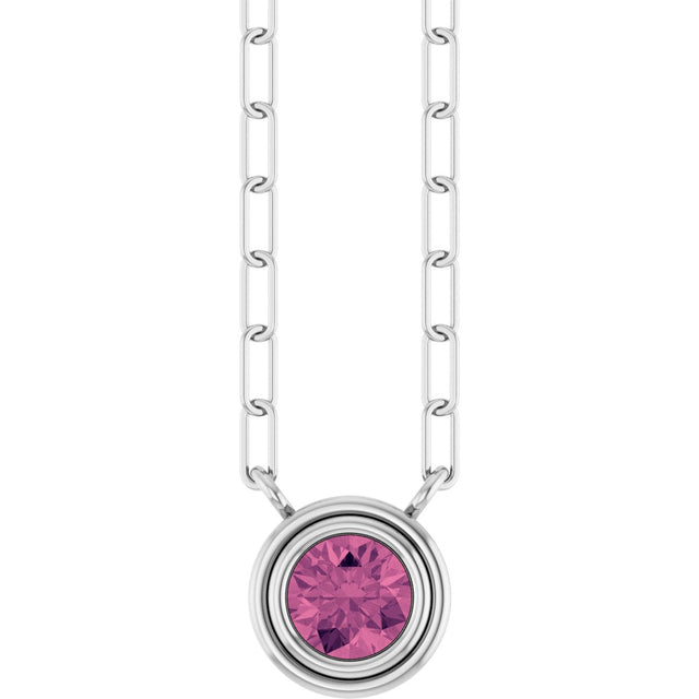 14K Gold Natural Pink Tourmaline Round Bezel-Set Necklace - White Gold