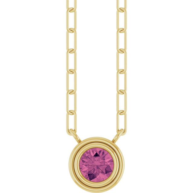 14K Gold Natural Pink Tourmaline Round Bezel-Set Necklace - Yellow Gold