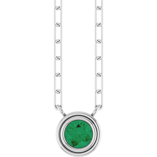 14K Gold Natural Emerald Round Bezel-Set Necklace - White Gold