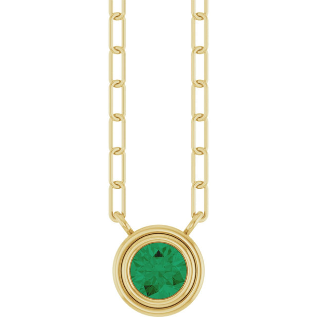 14K Gold Lab-Grown Emerald Round Bezel-Set Necklace - Yellow Gold