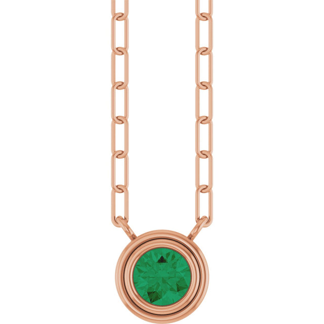 14K Gold Natural Emerald Round Bezel-Set Necklace - Rose Gold