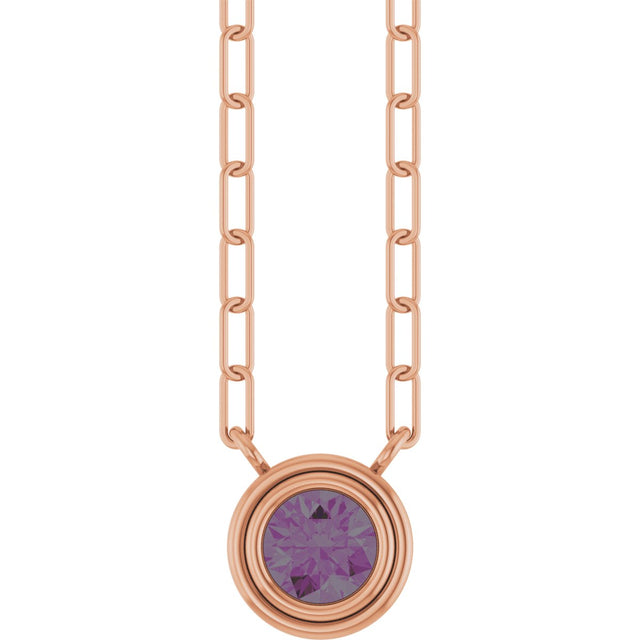 14K Gold Natural Alexandrite Round Bezel-Set Necklace - Rose Gold