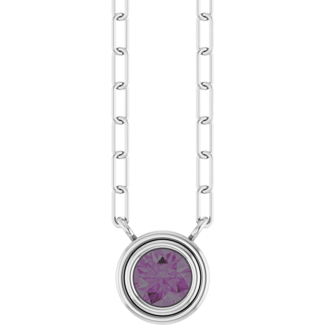 14K Gold Lab-Grown Alexandrite Round Bezel-Set Necklace - White Gold
