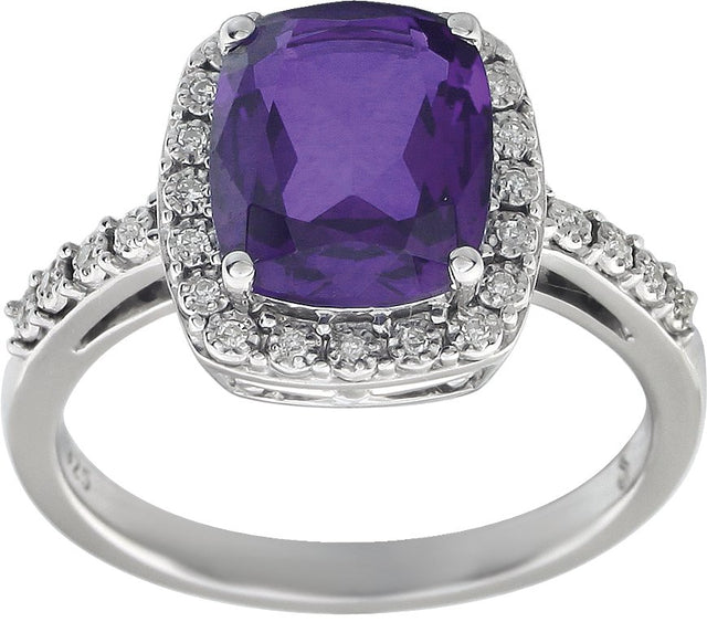 14K Gold Elongated Cushion Natural Amethyst & Natural Diamond Halo-Style Ring