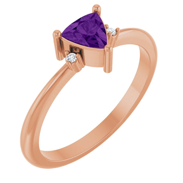 14K Gold Trillion Natural Amethyst & Natural Diamond Accented Ring – 3x3mm - Rose Gold