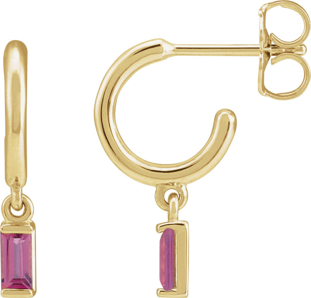14K Gold Straight Baguette Natural Pink Tourmaline Accented Hoop Earrings – 4x2mm - Yellow Gold
