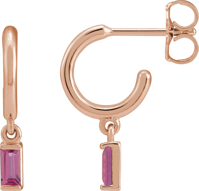 14K Gold Straight Baguette Natural Pink Tourmaline Accented Hoop Earrings – 4x2mm - Rose Gold