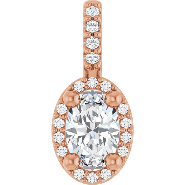 14K Gold Oval Lab-Grown Moissanite & Natural Diamond Halo-Style Pendant - Rose Gold