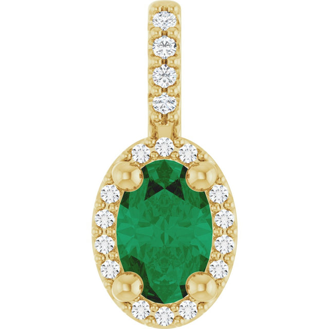14K Gold Oval Lab-Grown Emerald & Natural Diamond Halo-Style Pendant - Yellow Gold