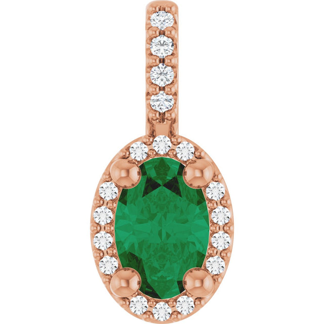14K Gold Oval Lab-Grown Emerald & Natural Diamond Halo-Style Pendant - Rose Gold