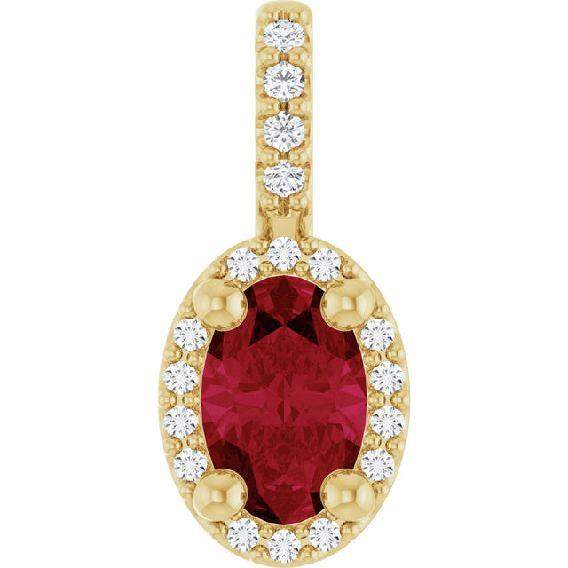 14K Gold Oval Lab-Grown Ruby & Natural Diamond Halo-Style Pendant - Yellow Gold