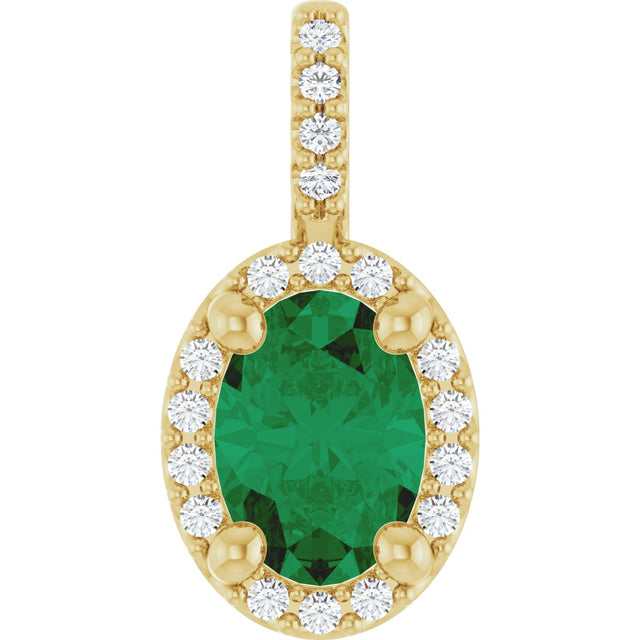 14K Gold Oval Lab-Grown Emerald & Natural Diamond Halo-Style Pendant - Yellow Gold