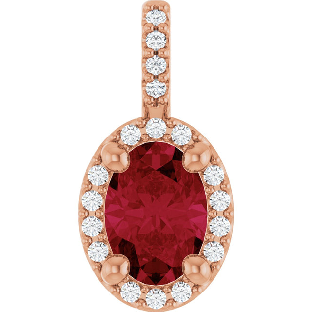 14K Gold Oval Lab-Grown Ruby & Natural Diamond Halo-Style Pendant - Rose Gold